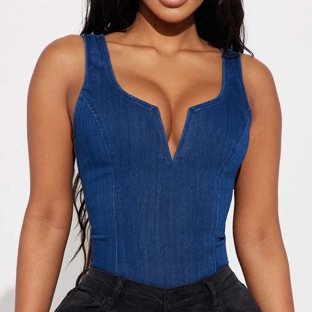 Fashion Nova Harley Denim Bodysuit - Dark Wash - Small